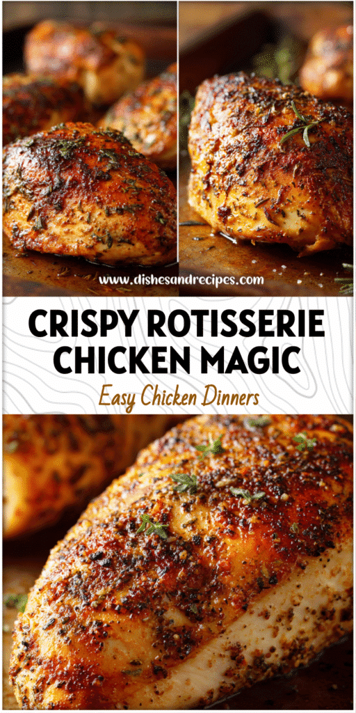 Golden oven roasted chicken breast with crispy skin and rotisserie seasoning served on a baking tray